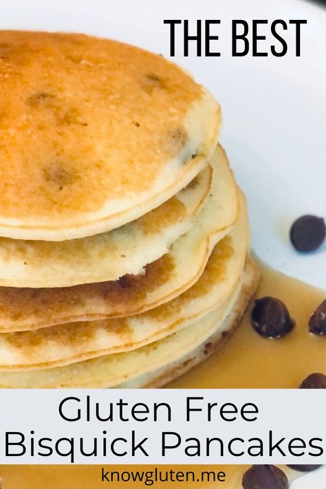 A closeup of a stack of chocolate chip pancakes on a white plate with syrup and chocolate chips. Gluten Free Bisquick Recipes, Bisquick Mix Recipe, Easy Breakfast Bake, Bisquick Pancakes, Gluten Free Bisquick, Drop Biscuits Recipe, Homemade Bisquick, Gluten Free Crepes, Gluten Free Easter