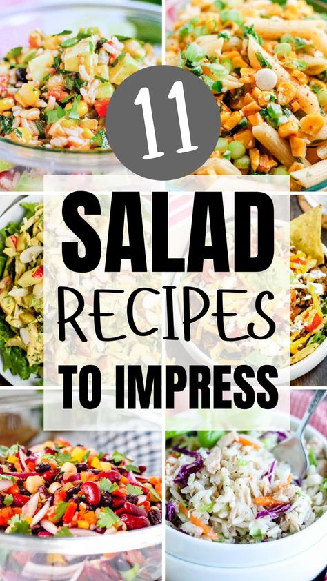 Just in time for summer is this list of salads to impress family, friends and of course, yourself! From cold pasta salads to dinner salads, Mexican and Mediterranean inspired recipes too. Fresh and healthy! Salad Recipes Cold, House Salad Ideas, Dinner Salads Recipes Main Courses, Salads Mexican, Cold Pasta Salads, Unique Pasta Salad, Awesome Salads, Quick Salad Recipes, Cold Salad Recipes