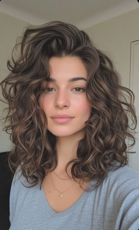 Hairstyles For Mid Length Wavy Hair, Cool Toned Brown Curly Hair, Medium Length Haircut Full Face, Medium Length Haircut Wavy Hair Layers, Medium 2b Haircut, Perm Round Face, Collar Bone Length Curly Hair Natural, Medium Fine Curly Haircuts, Short Curly Haircuts Thick Hair