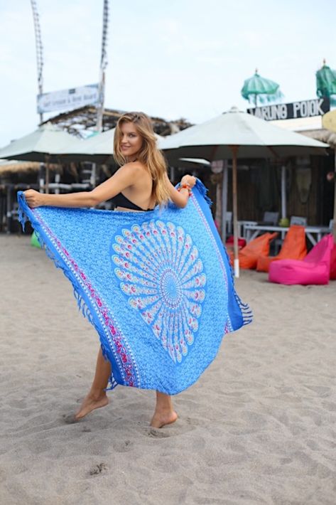 blonde female holding blue peacock print mandala sarong wrap at the beach in the sand Sarong Dress, Bathing Suit Cover Up, Beach Swimsuit, Beach Covers, Sarong, Wrap Skirt, Bathing Suit, Bathing Suits, What To Wear