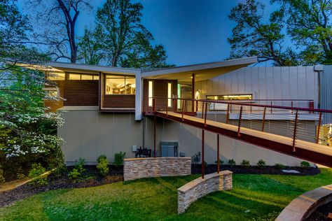 Entrance bridge Bridge To House Entrance, Bridge Homes, House With Bridge Walkway, Bridge Connecting Houses, Future Bridge Design, Under The Bridge Architecture, Outdoor Ramp, Tensile Structures, House Entrance