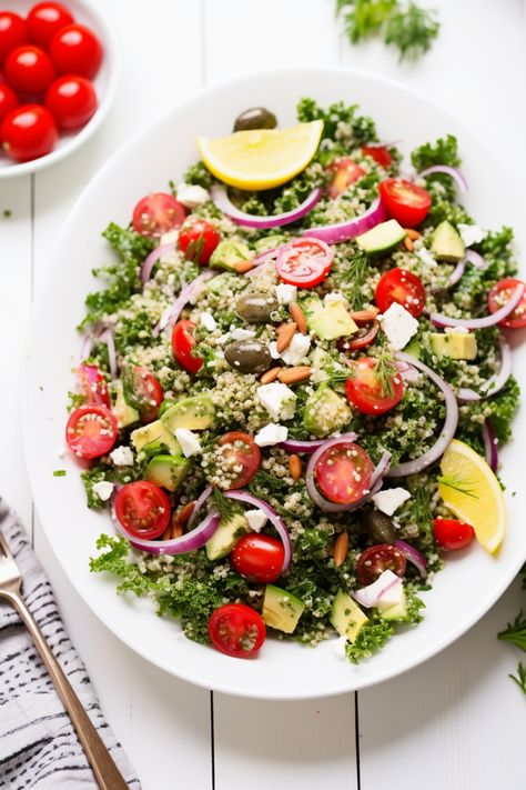 Medditeranean Quinoa Salad, Quinoa Salad With Avocado, Kale And Quinoa Salad, Kale And Quinoa, Salad With Avocado, Large Salad Bowl, Light Dinner, Kalamata Olives, Avocado Salad