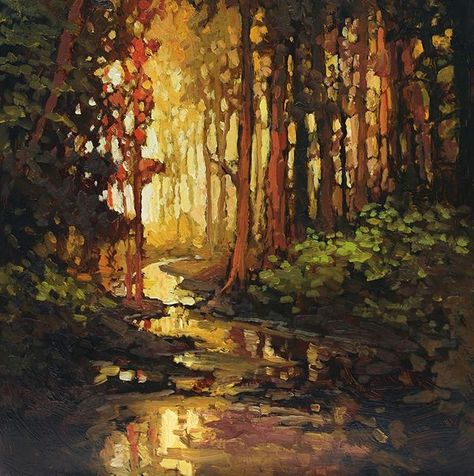 THE OTHER SIDE OF ART | Jan Schmuckal (American, b.1962) | Facebook Forest Creek, Sunset Landscape Painting, Moody Painting, Forest Sunset, Dappled Light, Landscape Paintings Acrylic, Arts Crafts Style, Colorful Trees, Sunset Landscape