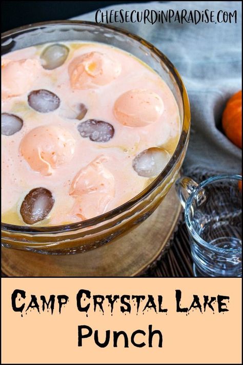 Camp Crystal Lake Punch is an creepy drink inspired by Friday the 13th and Camp Blood. No one loved Jason like his mother, and this drink is the perfect refreshment to show a little love to your guests. Apple cider, orange juice, white soda, and orange sherbet make an unforgettable drink.  #HalloweenTreatsWeek #Fridaythe13th #AppleCider #Punch #Sherbet Friday The 13 Snacks, Friday The 13th Recipes, Friday The 13 Desserts, Friday The 13th Meal Ideas, Friday The 13th Drinks, Friday The 13th Cocktail, Friday The 13th Drink Ideas, Camp Crystal Lake Party, Friday The 13th Food Ideas