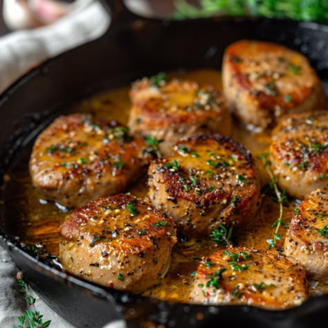 Pan Seared Pork Medallions - Krystel's Cooking Pork Tenderloin Skillet Recipes, Pork Medallions With Onion Gravy, Pork Medallions Recipes, Steak Medallions Recipes, Pan Seared Pork Tenderloin, Pork Medallion Recipes, Fried Pork Tenderloin, Pork Tenderloin Medallions, Pork Medallions