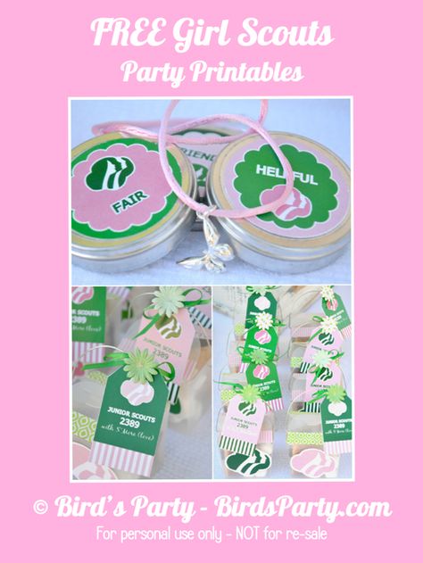 Girls Scout Party   FREE Printables! by Bird's Party.  Can't wait to use these for our bridging celebration! Girl Scout Bridging, Girl Scout Troop Leader, Girl Scouts Brownies, Girl Scouts Cadettes, Investiture Ceremony, Brownie Girl Scout, Girl Scout Badges, Girl Scout Daisy, Girl Scout Activities