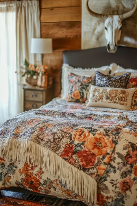 western ranch bedroom Modern Southwest Bedroom Ideas, Western Romantic Bedroom, Bedroom Ideas Western Rustic, Colorful Western Bedroom, Feminine Western Bedroom, Cowgirl Chic Bedroom, Western Boho Bedding, Western Ranch House Decor, Ranch Bedroom Ideas