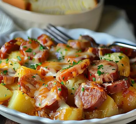 Slow Cooker Sausage and Potato Casserole - Grammy Recipes Pork Sausage Crockpot Recipes, Sausage Stew Slow Cooker, Slow Cooker Sausage And Potato Casserole, Kalbasa Sausage Recipes, Recipes With Farmer Sausage, Slow Cooker Kielbasa And Potatoes, Slow Cooker Kielbasa Recipes, Sausage And Potatoes Crockpot, Cheddar Sausage Recipes