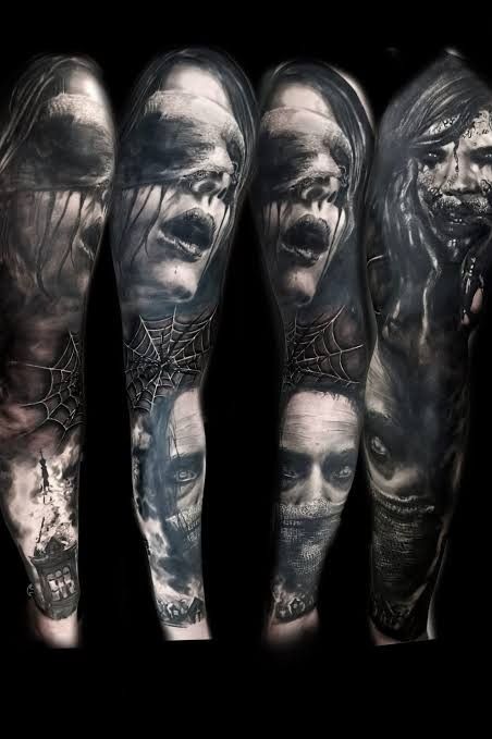 Evil Tattoo Sleeve, Evil Tattoo, Dark Horror, Realistic Tattoo Sleeve, Tattoo Filler, Tattoo Inspiration Men, Half Sleeve Tattoos For Guys, Tattoo For Son, Back Of Shoulder Tattoo