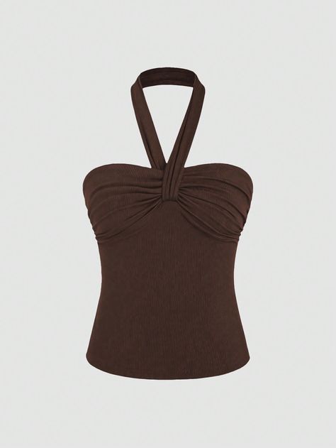 SHEIN Sweetro Women's Summer Solid Color Pleated Halter Neck Casual Tank TopI discovered amazing products on SHEIN.com, come check them out! High Waist Sports Leggings, High Leg Swimsuit, Tube Top Dress, Women Diy, Casual Tank Tops, Knit Tees, Brown Dress, Boho Women, Kids Sleepwear