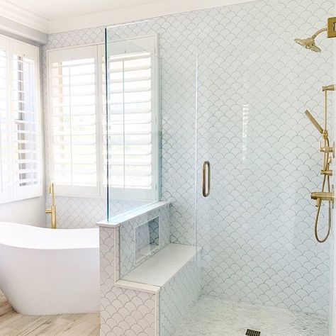 Beckmann House LLC. on Instagram: “Scallop tiles, mermaid tiles, fish scales... whatever you call them, they bring so much character to any space! . Can we also talk about…” Mermaid Tile Bathroom, Mermaid Tile, Scallop Tiles, Subway Tile Showers, Bathroom Oasis, Luxurious Showers, Master Shower, Shower Bench, Bathroom Goals