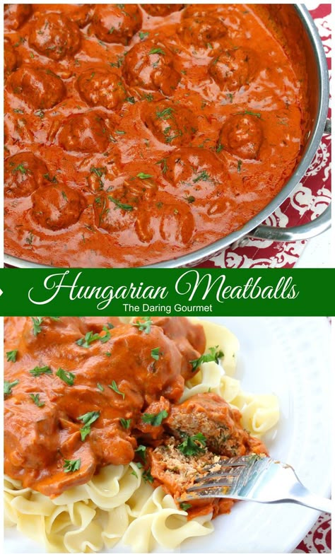 Hungarian Meatballs - a total flavor explosion! #meatballs ad daringgourmet.com Hungarian Meatball Soup, Yugoslavian Meatballs, Hungarian Meatballs, Sauce And Meatballs, Hungarian Dishes, Meat Patties, Tender Meatballs, Hungarian Food, Eastern European Recipes