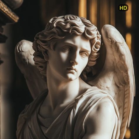 ↑↑ HD version on website. Close-up view of a marble statue of an angel.  The angel's face is delicately carved, showing a serene yet slightly melancholic expression.  The hair is intricately detailed, falling in soft waves around the shoulders.  Large, feathered wings extend from the back, partially obscuring the angel's torso, which is draped in flowing fabric. The lighting casts subtle shadows, enhancing the sculpture's three-dimensionality and texture. The overall aesthetic is classical and evocative.wallpaper.webp Feathered Wings, Angel Sculpture, Feather Wings, Flowing Fabric, Marble Statues, Soft Waves, Angel Face, Art Creativity, Anatomy Reference