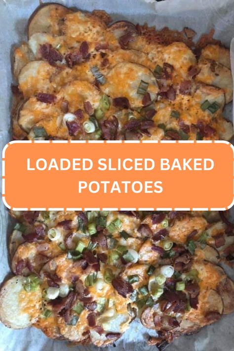 LOADED SLICED BAKED POTATOES Sliced Baked Potatoes, Potatoes In The Oven, Leftover Baked Potatoes, Buttery Potatoes, Baked Potato Slices, Italian Meatloaf, Potatoes In Oven, Potato Slices, Comfort Dinner