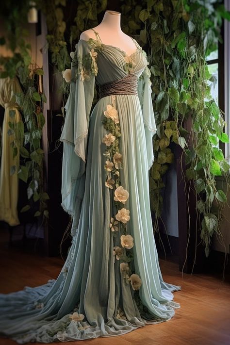 Book Inspired Dresses, Elvish Aesthetic Clothes, Fantasy Spring Dress, Druid Ball Gown, Fae Princess Dress, Forest Goddess Dress, Lotr Dress Inspired Outfits, Fantasy Gown Aesthetic, Ethereal Fantasy Dress