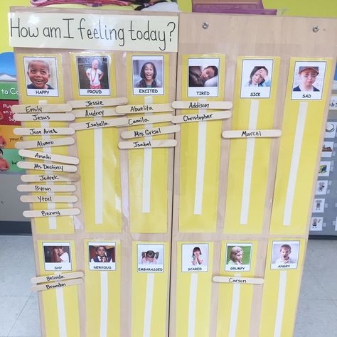 Simple "check in" wall I made using pictures I found online. Good for emotion identification and getting a temperature check of how students are doing that day. Morning Feelings Check In, Daily Emotional Check In Classroom, Emotion Check In Preschool, How Are You Feeling Today Classroom Check In, Emotions Check In Classroom, Emotion Wall Classroom, How Do You Feel Today Chart Preschool, Emotional Check In Chart, Feeling Check In Classroom