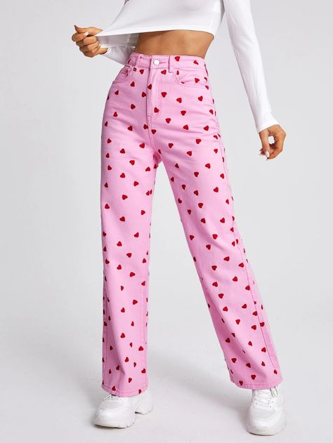 High Waist Heart Print Jeans | SHEIN USA Hslot Outfits, Hslot Outfit Ideas, Harry Styles Concert, Print Jeans, Outfit Jeans, Printed Jeans, Pink Pants, Love On Tour, Shein Style