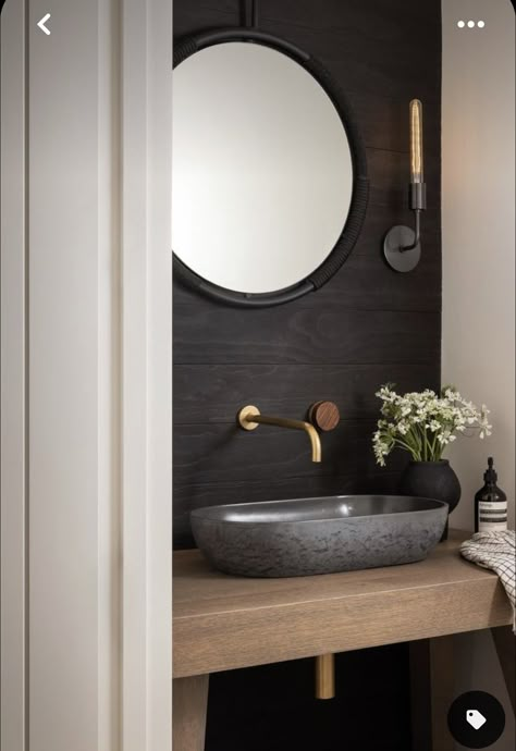 Bathrooms 2024, Moody Powder Room, Black Powder Room, Powder Room Inspiration, Decorate Bathroom, New Home Bathroom, Modern Powder Room, Lake House Bathroom, 2024 Bathroom