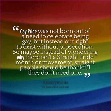 Gay pride was not born out of a need to celebrate being gay, but instead our right to exist without prosecution. So maybe instead of wondering why there isn't a straight pride month or movement, straight people should be thankful they don't need one. Quotes About Pride, Gay Pride Quotes, Gay Quotes, Secular Humanist, Pride Quotes, Lgbt Quotes, Lgbtq Quotes, Lgbt Equality, Lgbt Rights