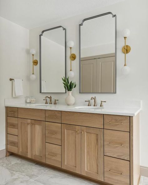 Alma Homes on Instagram: "Let’s chat about bathroom vanity mirrors & lights. In a primary bath, which option would you rather have?  💡Option 1: Two mirrors and three sconces. We love this option because you get light from the sconces directly at face level, plus we just love the look of this with pretty lights and mirrors 🫶🏼  💡Option 2: One large mirror with sconces on either side. Using one large mirror is a great option if you want your space to feel larger. Pending how bright the scones are, you may want to add additional recessed lights as well.   💡Option 3: Two mirrors with lights above. This is a good option when space doesn’t allow you to put sconces on either side of the mirrors. An alternative to this option is….  💡Option 4: Two mirrors with a double sconce in the center. If Alma Homes, Flex Room, Bathroom Renos, Bathroom Remodel Master, Bathroom Vanity Mirror, Bathroom Makeover, Bathroom Renovation, House Inspo, Bathroom Inspiration