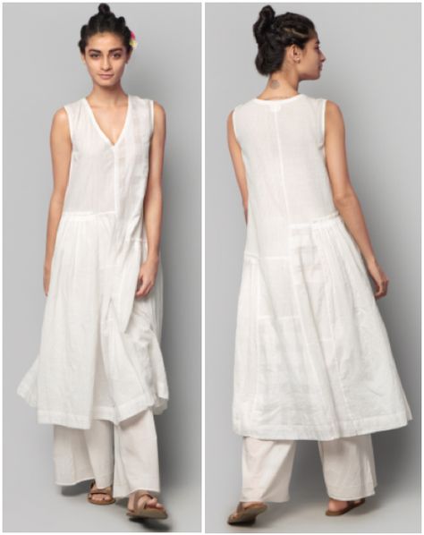 V neck, sleeveless flared long dress/ kurta Sleeveless V Neck Kurta, V Neck Sleeveless Kurti, Backless Kurti, V Neck Kurti Design, Kurta Ideas, Long Kurta Designs, Women With Ties, Sleeveless Kurti, V Neck Kurta