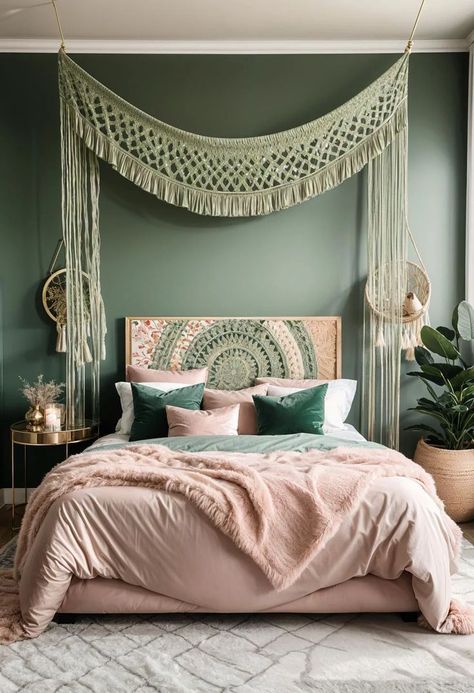 Imagine waking up in a bedroom that whispers tranquility and romance. A sage green and blush bedroom does just that, blending the serenity of nature with a Green And Blush Bedroom, Blush Bedroom Ideas, Sage Green And Blush Bedroom, Room Ideas Bedroom Teenagers, Bohemian Bedroom Colors, Indigo Room, Girls Bedroom Green, Cozy Bedroom Lighting, Sage Bedroom