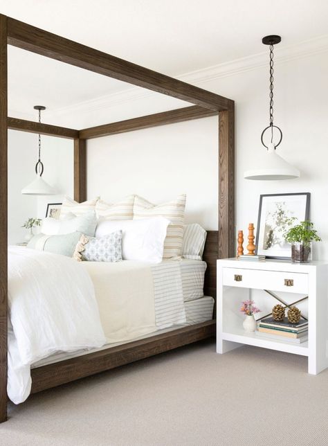 Modern Lake House Bedroom, Lake House Bedroom Ideas, Modern Farmhouse Bedroom Decor, Modern Farmhouse Bedroom Ideas, Lake House Bedroom, House Bedroom Ideas, Farmhouse Bedroom Decor Ideas, Wood Canopy, Modern Farmhouse Bedroom