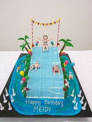 Water Slide Cake Ideas, Water Park Birthday Cake, Water Park Cake, Water Slide Cake, Waterpark Cake, Waterslide Cake, Roller Coaster Cake, Pool Cakes, Waterslide Party