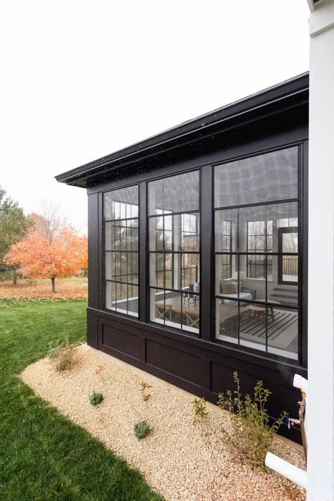 Conservatory Addition, Sunroom Exterior, Greenhouse Addition, Black Paint Colors, Enclosed Patio Ideas, Alma Homes, Backyard Getaway, Screened Porch Designs, Four Seasons Room