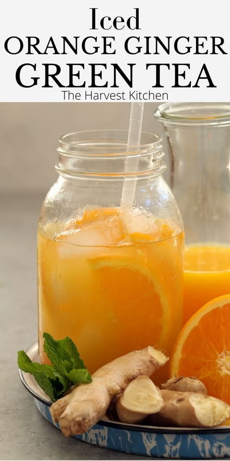 This Iced Orange Ginger Green Tea is a simple fruit-flavored iced green tea recipe that’s loaded with antioxidants and detoxifying benefits. Ginger Green Tea, Iced Drinks Recipes, Harvest Kitchen, Healthy Juice Drinks, Tea Drink Recipes, Green Tea Recipes, Iced Green Tea, Drink Recipes Nonalcoholic, Iced Tea Recipes