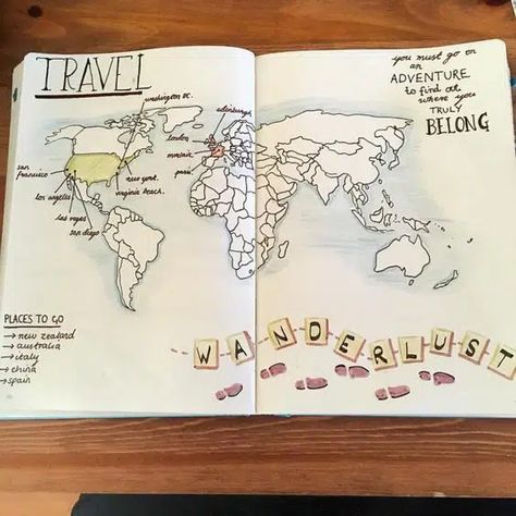 15 Creative Travel Bullet Journal Ideas — Wander Her Way Bullet Journal Voyage, Minimalist Bullet Journal, Scrapbook Disney, Journal Layouts, Diy Travel Journal, Travel Drawing, Drawing Journal, Diary Ideas, Bullet Journal Spread