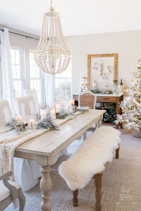 Shabby chic winter white Christmas dining room with flocked Christmas tree, glam decor, and metallic accents. #diningroom #christmasdecor Shabby Chic Dining Room, Christmas Dining Table Decor, Christmas Dining Table, Christmas Dining Room, Dining Room Table Decor, White Dining Room, White Christmas Decor, Glam Decor, Christmas Dining