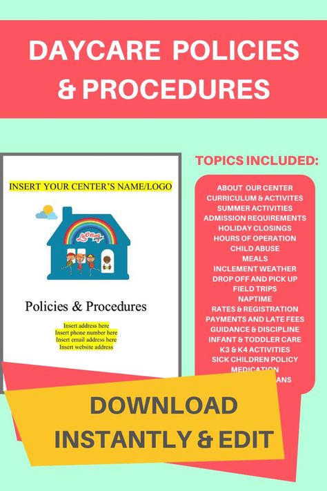 It is very important that parents know the daycare's policies before enrolling their children in your center. Your state licensing department also requires certain topics to be disclosed in your policies or parent handbook. This printable form contains all necessary policies & guidelines to run a daycare or childcare center. Starting A Daycare Center, Daycare Policies And Procedures, In Home Childcare, Daycare Business Plan, Manual Template, Parent Handbook, Home Childcare, Online Preschool, Starting A Daycare