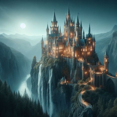 Fae Castle, Castle Waterfall, Waterfall Castle, Majestic Waterfall, Kingdom Ideas, Water Castle, Fantasy Kingdom, Enchanted Kingdom, Dnd Inspiration