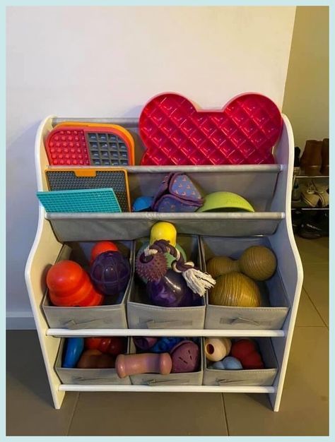 Dog Organizer Ideas, Dog Toy Organizer, Dog Daycare Reception, Pet Stuff Organization, Dog Food Organization Ideas, Dog Equipment Storage, Dog Cupboard Organisation, Dog Things Organization, Dog Room Organization