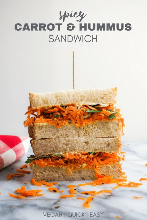 Spicy Carrot & Hummus Sandwich... Carrots, caraway seeds, red pepper flakes and hummus on your favorite bread. Simple ingredients and great flavor for your next vegan or plant based lunch or dinner idea. #vegan # plantbased #cleaneating #healthyrecipes Hummus Sandwich Recipes, Carrot Sandwich, Sandwich Buffet, Carrot Hummus, Vegetarian Sandwich Recipes, Hummus Sandwich, Spicy Carrots, Beans Recipes, Plant Based Lunch