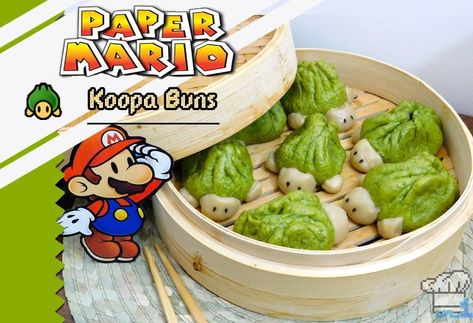 Cover photo of the finished recipe of Koopa Buns from the Super Mario Bros Paper Mario Thousand Year Door game series. Nerdy Food, Fiction Food, Cottagecore Recipes, Fairy Food, Mario Game, Printable Recipes, Lunch Bento, Food Film, Geek Food