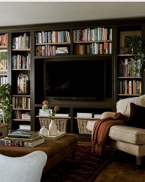 Dark Walnut Floors Living Room Decor, Book Shelf Tv Wall, Dark Built Ins Living Room, Gray Room Ideas, Color In Interior Design, King Hezekiah, Hide Tv, Gray Room, Living Room Built Ins