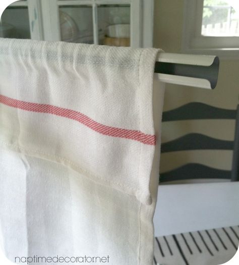 No-Sew Curtains from Ikea Tea Towels! Easy Curtains Diy No Sew Window Valances, Kitchen Towel Curtains Diy, Tea Towel Curtains, Diy Kitchen Curtains Above Sink, How To Make A Valance, Diy Kitchen Curtains, How To Make Blinds, Flour Sack Towels Crafts, Diy Valance