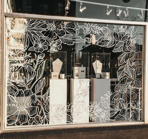 Natasha Runions on Instagram: “Oops... I think we might have jinxed it! 😅 This window mural was finished last week, pre-snowfall! . . . . #natasharunionsart #ottawa…” Window Art Stencils, Window Display Painting, Window Display Drawing, Store Window Painting, Spring Window Art, Shop Mural, Summer Window Display, Painted Window Art, Stonechat