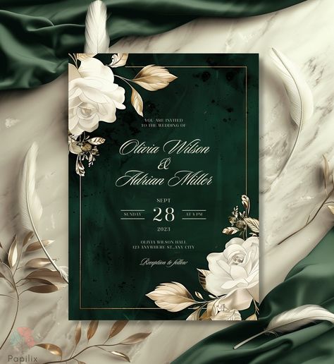 Immerse your guests in timeless luxury with this invitation. Its opulent emerald green backdrop and delicate gold floral details create an atmosphere of refined elegance, perfect for weddings and enchanting evening celebrations.  Let this design set the stage for an unforgettable experience.   TRY BEFORE YOU PURCHASE: https://www.canva.com/design/DAGKTJBWeO8/mK_fHHBqwz1Zz8eqkopkHA/view?utm_cont=  .#WeddingInvitations #DIYWedding #WeddingStationery #WeddingInspiration #WeddingPlanning Emerald Green Brown And Gold Wedding, Emerald Green Invitation Wedding, Emerald Green Wedding Invitations Style, Dark Green And Gold Wedding Invitations, Green Art Deco Wedding, Emerald Green Wedding Invites, Wedding Emerald Green And Gold, Dark Green And Gold Wedding Theme, Black And Dark Green Wedding