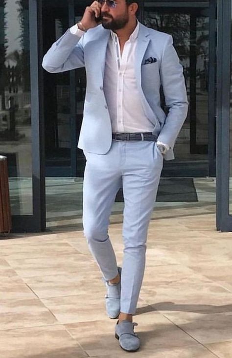 Sky Blue Wedding Suit for Men Mens Suits Sky Blue, Blue Mens Suit, Men Suits Blue, Sky Blue Suit, Linen Suits For Men, Beach Wedding Suits, Terno Slim, Blue Suit Men, Dinner Suit