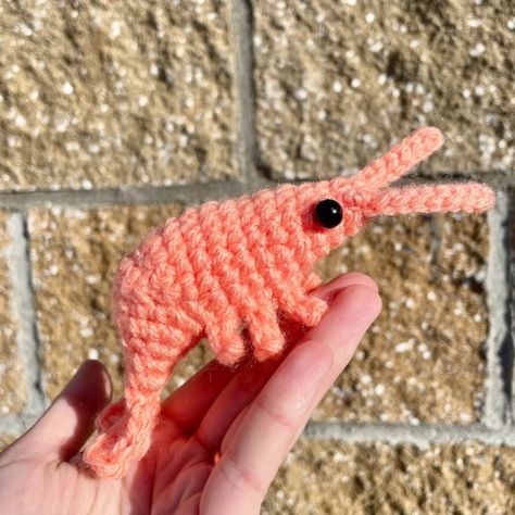 Here's a little shrimp who makes a nice guard for your stash, a gift for a friend, or a welcome addition to a crocheted seafood salad. Approximate size of finished plush is approximately 5 inches long, which varies based on yarn weight, hook size, and tightness of stitches. Get the Pattern by Ghee Beans Crafty here Catfish Crochet Pattern, Emotional Support Shrimp Crochet, Shrimp Amigurumi Free Pattern, Shrimp Crochet Pattern Free, Crochet Shrimp Free Pattern, Shrimp Amigurumi, Shrimp Crochet Pattern, Crochet Shrimp, Silly Crochet