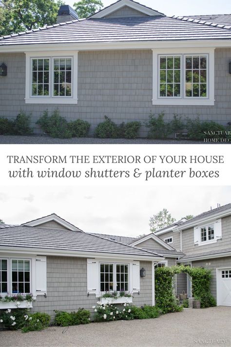 Grey House With Shutters Exterior, Small Window Shutters Exterior, New Shutters Before And After, Shutters On Beige House, Window Curb Appeal Exterior, Dark Gray House With Shutters, Add Shutters To House Before And After, Shutters On Wide Windows Exterior, Windows Without Shutters Exterior