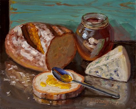 Wang Fine Art: bread with honey and cheese, daily painting a pain... Honey And Cheese, Bread With Honey, Still Life Landscape, Contemporary Still Life, Painting A Day, Bread Art, Food Painting, Cute Paintings, Still Life Drawing