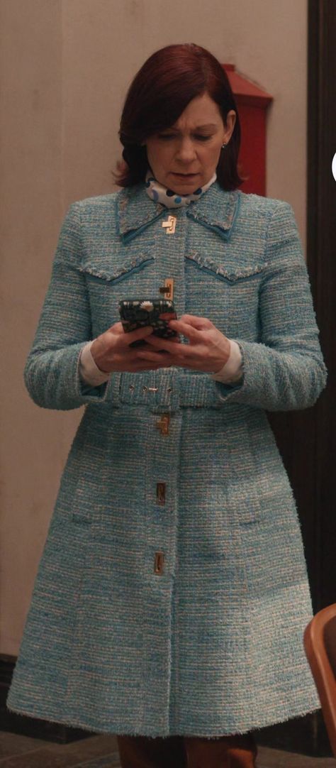 Teal Blue Textured Tweed Long Jacket with Belted Waist of Carrie Preston as Elsbeth Tascioni in Elsbeth Elsbeth Tascioni Outfits, Carrie Preston, Rainbow Goth, Black Cropped Jacket, Black Cardigan Sweater, Sleeveless Knit Top, Printed Silk Blouses, Bright Stripes, Happy Fashion