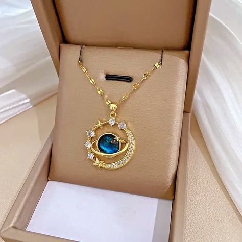 Shop quality stainless steel necklace..pre order.. WhatsApp 876-532-2939 Blue Pendant Necklace, Galaxy Pendant, Planet Necklace, Ring Der O, Moon Pendant Necklace, Crystal Stars, Moon Pendant, Starry Sky, Gold Pendant Necklace