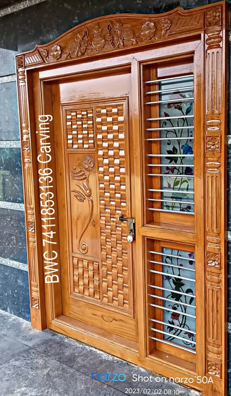 Bedroom Wood Door Design, House Front Door Design Indian, South Indian Main Door Design, Single Main Door Design Indian, Main Double Door Design Entrance, Main Door Wall Design Entrance, Indian Main Door Designs, Wood Door Design, Single Main Door Designs