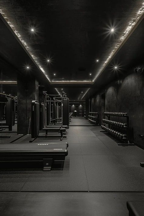 Aesthetic Gym Design, Gym Set Up, Dark Fitness Aesthetic, Gym Mats Flooring, Dark Home Gym, Gym Dark Aesthetic, Black Gym Aesthetic, Black Gym Interior, Moody Gym