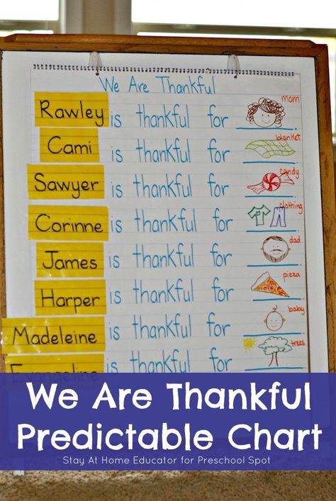 Thanksgiving Literacy Activity - Teach your child about how to show gratitude while learning important print awareness skills in this cute Thanksgiving predictable chart. Add this to your Thanksgiving preschool theme! Thanksgiving Preschool Theme, Chart For Preschool, Thanksgiving Literacy Activities, Thanksgiving Lesson Plans, Thanksgiving Literacy, Thankful Activities, November Classroom, Thanksgiving Lessons, Thanksgiving Kindergarten